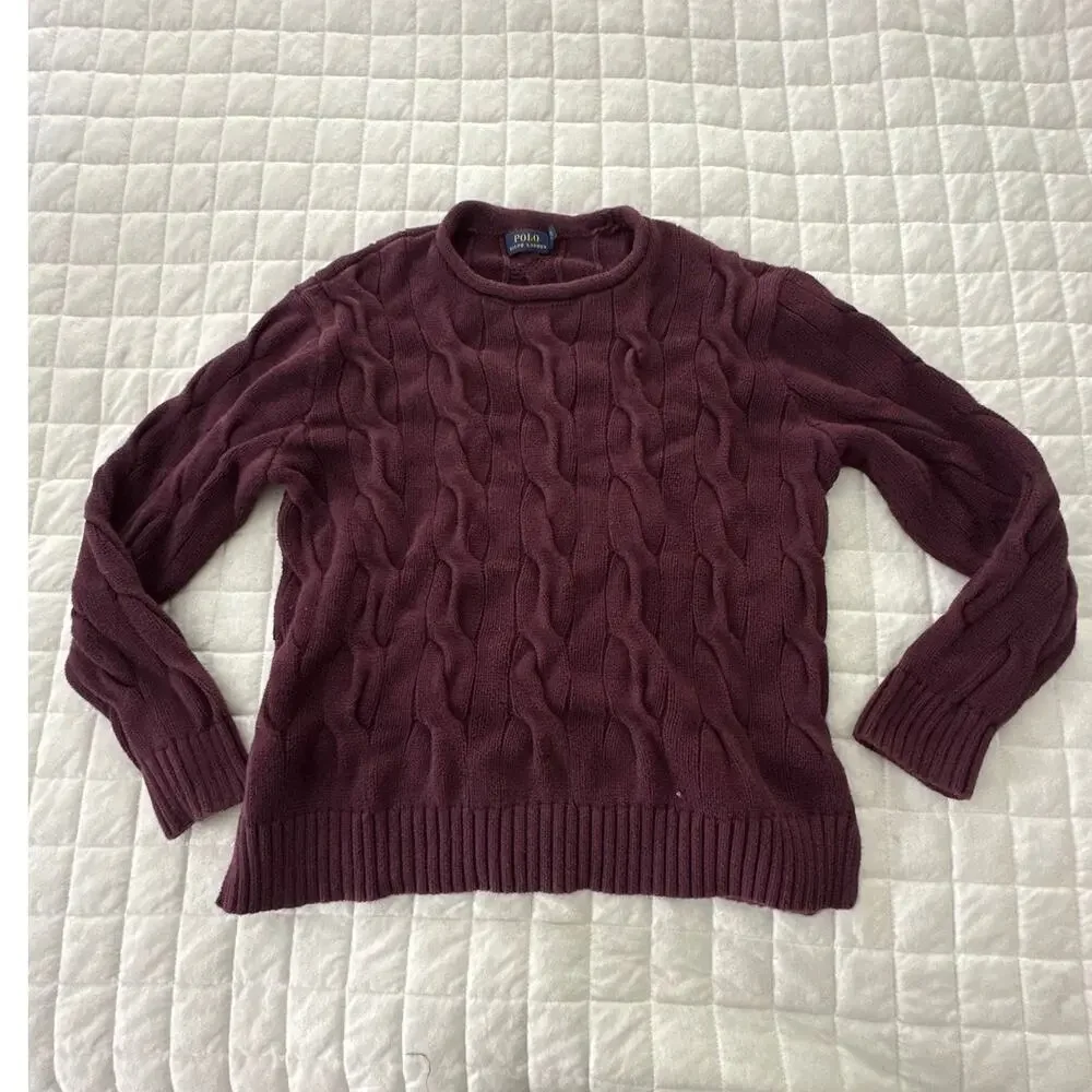 Polo Ralph Lauren Sweater Womens Burgundy Roll Neck Chunky Cable Knit Fisherman